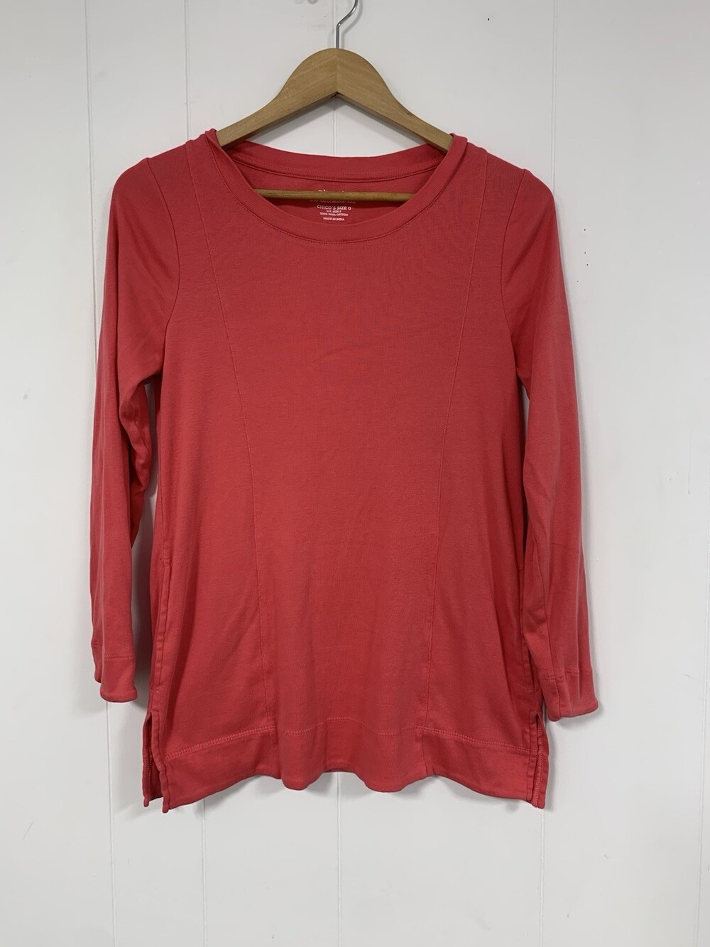 Chico’s Ultimate Tee Pima Cotton Long Sleeve Tunic Top Pockets Coral Red Sz S